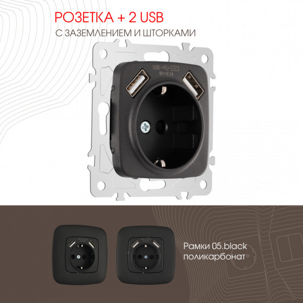 Розетка с заземлением, шторками + 2 USB, 16A 250V, USB DC 5V 2.1A 205.47-1.black Arte Milano